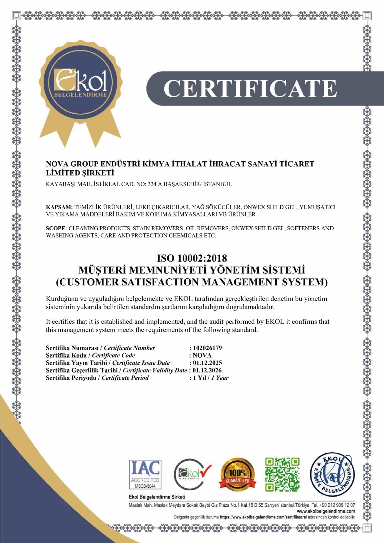 ISO 10002:2018 certificate