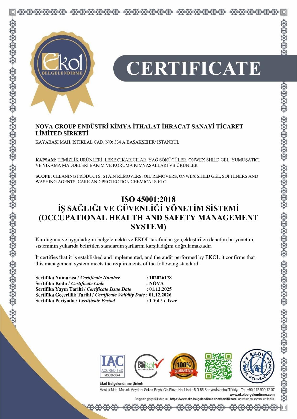 ISO 45001:2018 certificate